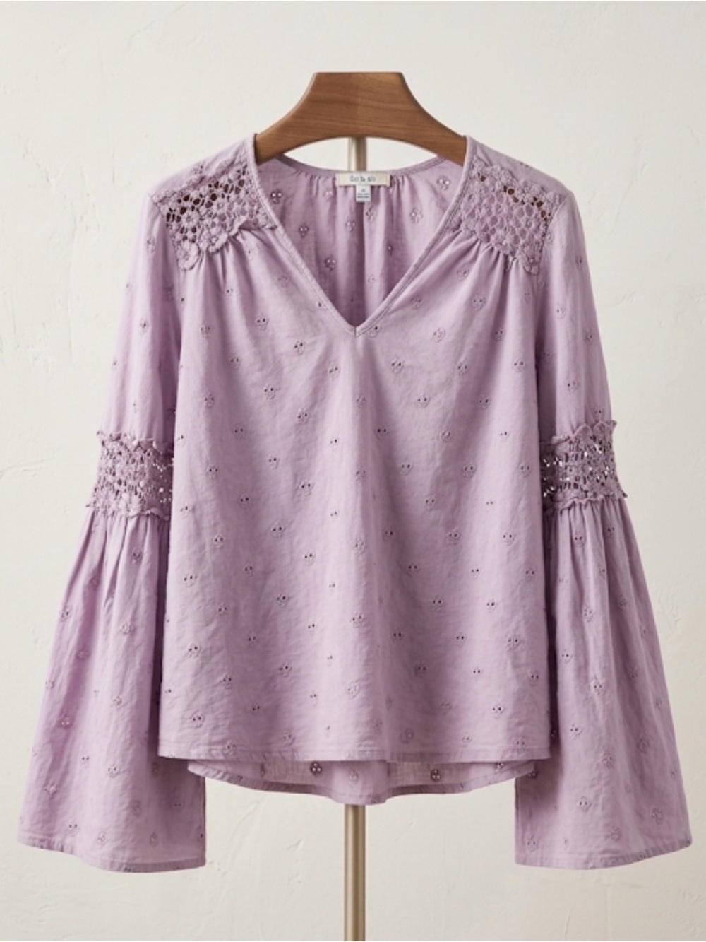 Distressed Lavender Crochet-Trim Eyelet top long bell sleeves xxs bohemian, boho